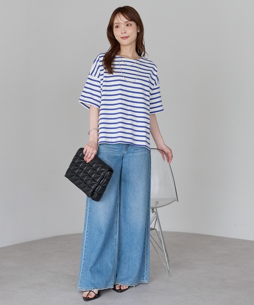 PREFERIR（プレフェリール）の「大人カジュアル きれい見えボーダーT｜ボートネック ゆったり 体型カバー 綿100%（Tシャツ/カットソー・レディース・ブラック/ブルー・FREE）」の14枚目の写真