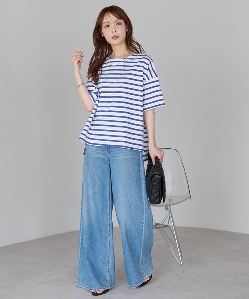 PREFERIR（プレフェリール）の「大人カジュアル きれい見えボーダーT｜ボートネック ゆったり 体型カバー 綿100%（Tシャツ/カットソー・レディース・ブラック/ブルー・FREE）」の16枚目の写真