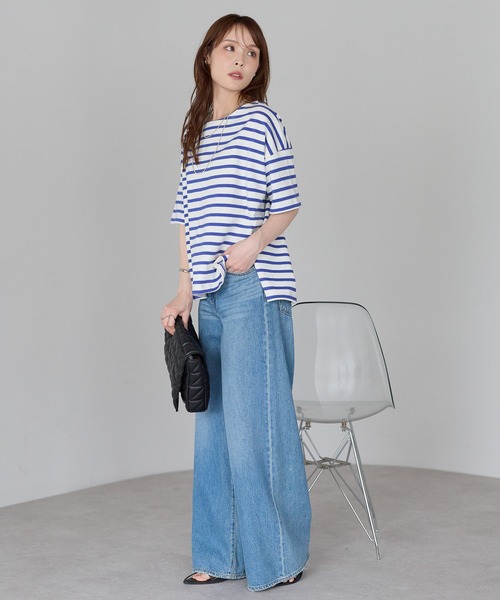 PREFERIR（プレフェリール）の「大人カジュアル きれい見えボーダーT｜ボートネック ゆったり 体型カバー 綿100%（Tシャツ/カットソー・レディース・ブラック/ブルー・FREE）」の17枚目の写真