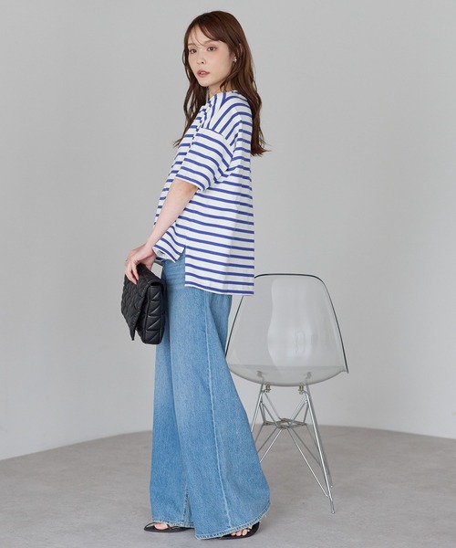 PREFERIR（プレフェリール）の「大人カジュアル きれい見えボーダーT｜ボートネック ゆったり 体型カバー 綿100%（Tシャツ/カットソー・レディース・ブラック/ブルー・FREE）」の18枚目の写真