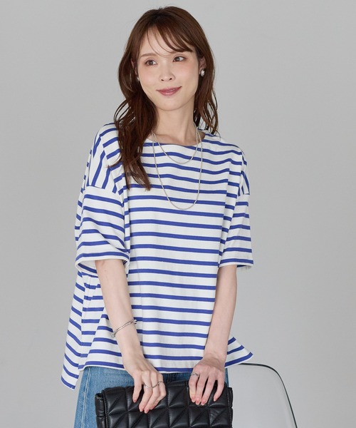 PREFERIR（プレフェリール）の「大人カジュアル きれい見えボーダーT｜ボートネック ゆったり 体型カバー 綿100%（Tシャツ/カットソー・レディース・ブラック/ブルー・FREE）」の20枚目の写真