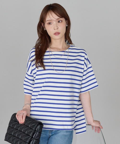 PREFERIR（プレフェリール）の「大人カジュアル きれい見えボーダーT｜ボートネック ゆったり 体型カバー 綿100%（Tシャツ/カットソー・レディース・ブラック/ブルー・FREE）」の21枚目の写真