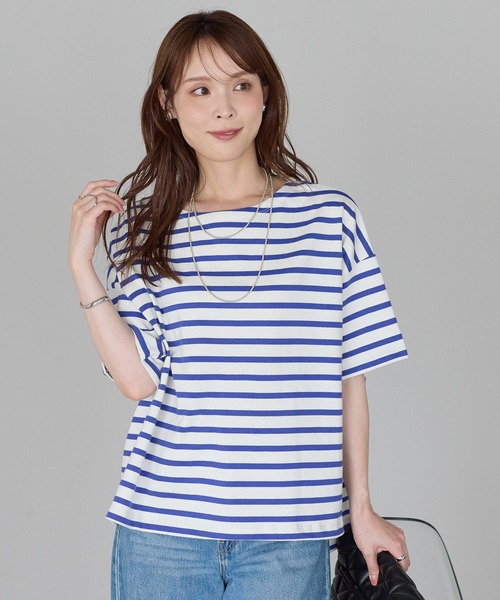 PREFERIR（プレフェリール）の「大人カジュアル きれい見えボーダーT｜ボートネック ゆったり 体型カバー 綿100%（Tシャツ/カットソー・レディース・ブラック/ブルー・FREE）」の22枚目の写真