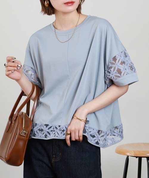 EGLANTINE(エグランティーヌ)の「EGLANTINE フラワーレース切り替えカットソー(Tシャツ/カットソー・レディース・ブラック/グレイッシュブルー/オフホワイト・38)」の18枚目の写真