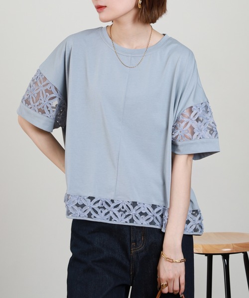 EGLANTINE(エグランティーヌ)の「EGLANTINE フラワーレース切り替えカットソー(Tシャツ/カットソー・レディース・ブラック/グレイッシュブルー/オフホワイト・38)」の19枚目の写真