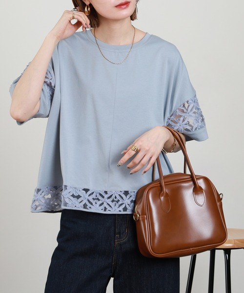 EGLANTINE(エグランティーヌ)の「EGLANTINE フラワーレース切り替えカットソー(Tシャツ/カットソー・レディース・ブラック/グレイッシュブルー/オフホワイト・38)」の20枚目の写真