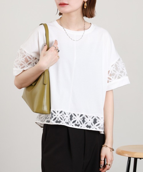 EGLANTINE(エグランティーヌ)の「EGLANTINE フラワーレース切り替えカットソー(Tシャツ/カットソー・レディース・ブラック/グレイッシュブルー/オフホワイト・38)」の8枚目の写真