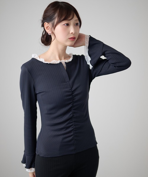 DAYRA（デイラ）の「レーストリム シャーリング キーネック 長袖 リブトップス（Tシャツ/カットソー・レディース・ブラック/チャコールグレー/グリーン・FREE/S）」の3枚目の写真