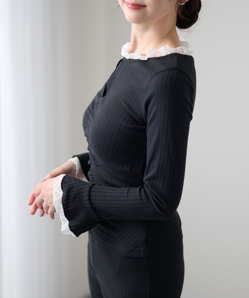 DAYRA（デイラ）の「レーストリム シャーリング キーネック 長袖 リブトップス（Tシャツ/カットソー・レディース・ブラック/チャコールグレー/グリーン・FREE/S）」の5枚目の写真