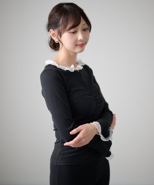 DAYRA（デイラ）の「レーストリム シャーリング キーネック 長袖 リブトップス（Tシャツ/カットソー・レディース・ブラック/チャコールグレー/グリーン・FREE/S）」の6枚目の写真