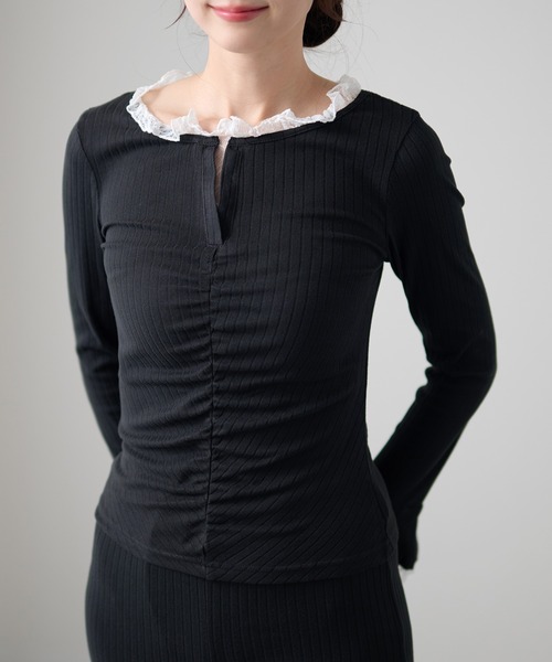 DAYRA（デイラ）の「レーストリム シャーリング キーネック 長袖 リブトップス（Tシャツ/カットソー・レディース・ブラック/チャコールグレー/グリーン・FREE/S）」の7枚目の写真