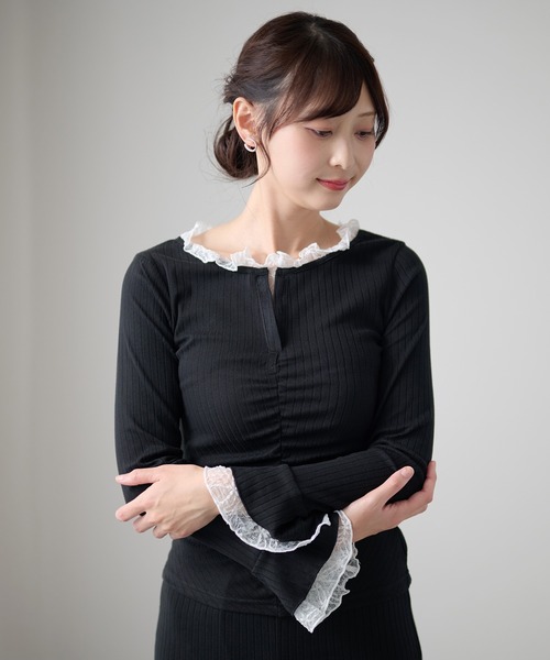 DAYRA（デイラ）の「レーストリム シャーリング キーネック 長袖 リブトップス（Tシャツ/カットソー・レディース・ブラック/チャコールグレー/グリーン・FREE/S）」の8枚目の写真