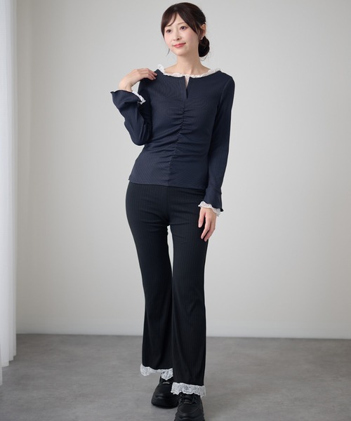DAYRA（デイラ）の「レーストリム シャーリング キーネック 長袖 リブトップス（Tシャツ/カットソー・レディース・ブラック/チャコールグレー/グリーン・FREE/S）」の9枚目の写真