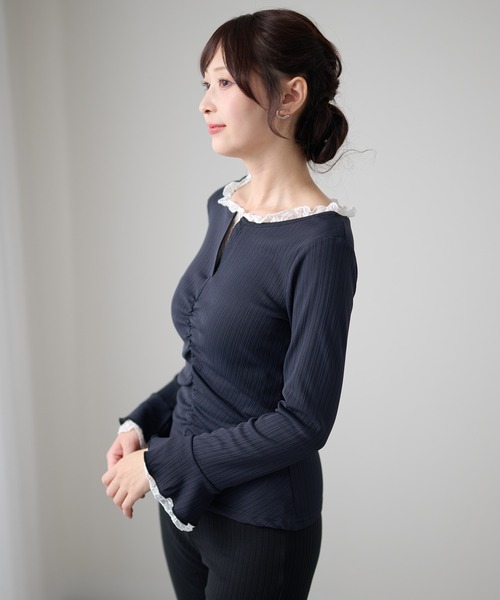 DAYRA（デイラ）の「レーストリム シャーリング キーネック 長袖 リブトップス（Tシャツ/カットソー・レディース・ブラック/チャコールグレー/グリーン・FREE/S）」の11枚目の写真
