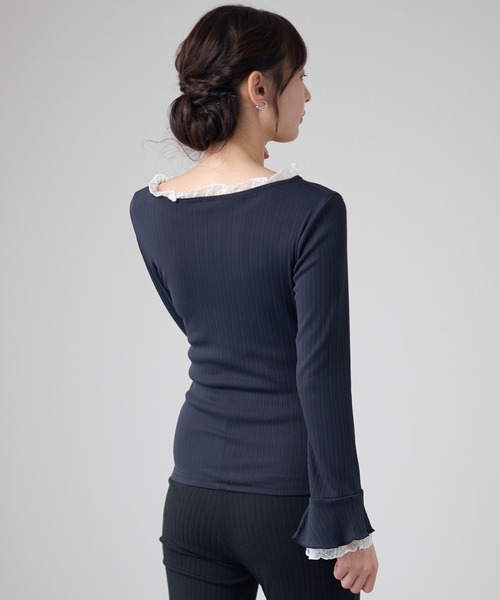 DAYRA（デイラ）の「レーストリム シャーリング キーネック 長袖 リブトップス（Tシャツ/カットソー・レディース・ブラック/チャコールグレー/グリーン・FREE/S）」の13枚目の写真