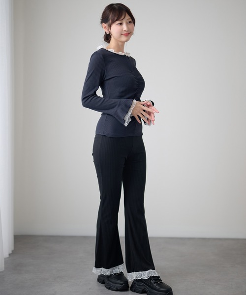 DAYRA（デイラ）の「レーストリム シャーリング キーネック 長袖 リブトップス（Tシャツ/カットソー・レディース・ブラック/チャコールグレー/グリーン・FREE/S）」の14枚目の写真