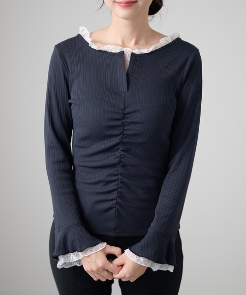 DAYRA（デイラ）の「レーストリム シャーリング キーネック 長袖 リブトップス（Tシャツ/カットソー・レディース・ブラック/チャコールグレー/グリーン・FREE/S）」の15枚目の写真