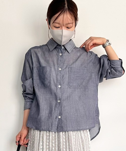 BAYFLOW（ベイフロー）の「【低身長caho146cmさんコラボ】UVカット2WAYシャツ（シャツ/ブラウス・レディース・ストライプ/ネイビー/ホワイト・FREE）」の3枚目の写真