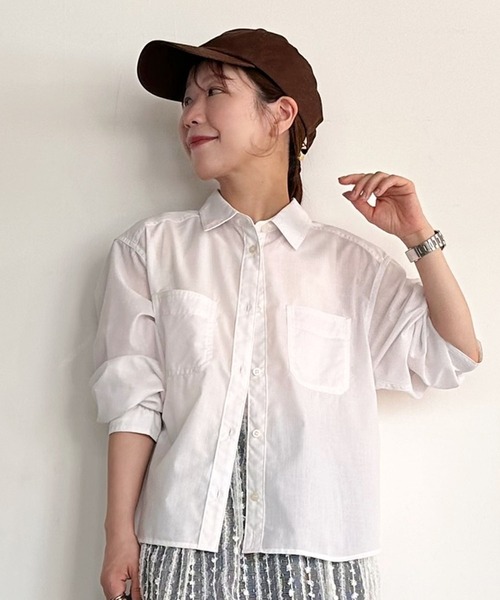 BAYFLOW（ベイフロー）の「【低身長caho146cmさんコラボ】UVカット2WAYシャツ（シャツ/ブラウス・レディース・ストライプ/ネイビー/ホワイト・FREE）」の2枚目の写真