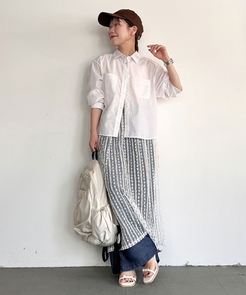 BAYFLOW（ベイフロー）の「【低身長caho146cmさんコラボ】UVカット2WAYシャツ（シャツ/ブラウス・レディース・ストライプ/ネイビー/ホワイト・FREE）」の10枚目の写真