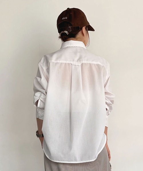 BAYFLOW（ベイフロー）の「【低身長caho146cmさんコラボ】UVカット2WAYシャツ（シャツ/ブラウス・レディース・ストライプ/ネイビー/ホワイト・FREE）」の12枚目の写真
