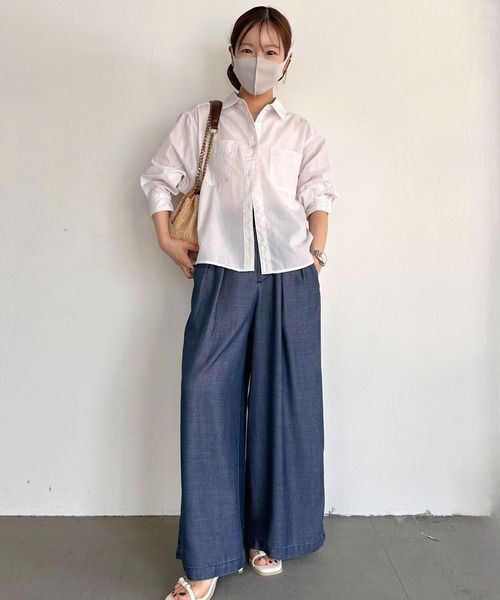 BAYFLOW（ベイフロー）の「【低身長caho146cmさんコラボ】UVカット2WAYシャツ（シャツ/ブラウス・レディース・ストライプ/ネイビー/ホワイト・FREE）」の13枚目の写真