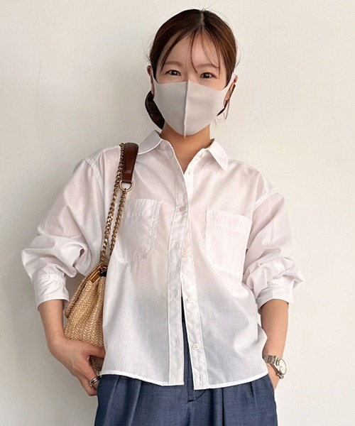 BAYFLOW（ベイフロー）の「【低身長caho146cmさんコラボ】UVカット2WAYシャツ（シャツ/ブラウス・レディース・ストライプ/ネイビー/ホワイト・FREE）」の15枚目の写真