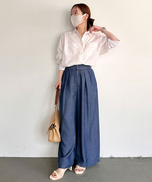 BAYFLOW（ベイフロー）の「【低身長caho146cmさんコラボ】UVカット2WAYシャツ（シャツ/ブラウス・レディース・ストライプ/ネイビー/ホワイト・FREE）」の16枚目の写真