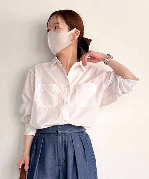 BAYFLOW（ベイフロー）の「【低身長caho146cmさんコラボ】UVカット2WAYシャツ（シャツ/ブラウス・レディース・ストライプ/ネイビー/ホワイト・FREE）」の18枚目の写真