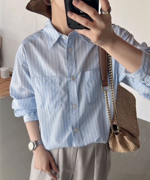 BAYFLOW（ベイフロー）の「【低身長caho146cmさんコラボ】UVカット2WAYシャツ（シャツ/ブラウス・レディース・ストライプ/ネイビー/ホワイト・FREE）」の19枚目の写真