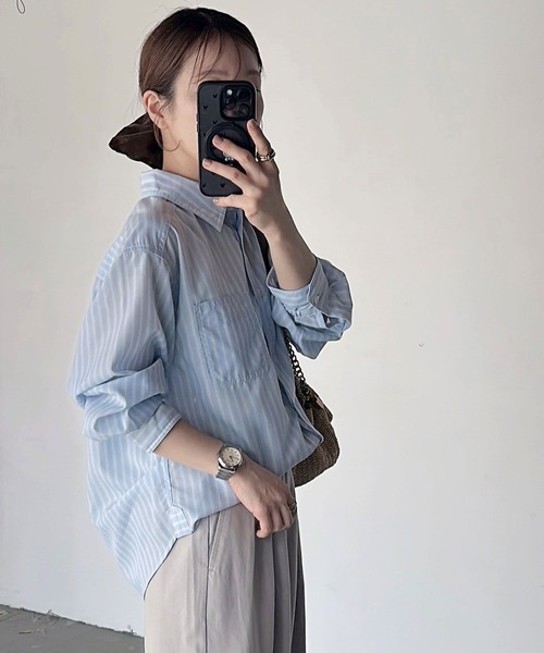 BAYFLOW（ベイフロー）の「【低身長caho146cmさんコラボ】UVカット2WAYシャツ（シャツ/ブラウス・レディース・ストライプ/ネイビー/ホワイト・FREE）」の20枚目の写真