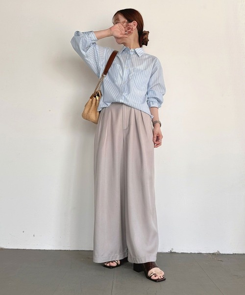BAYFLOW（ベイフロー）の「【低身長caho146cmさんコラボ】UVカット2WAYシャツ（シャツ/ブラウス・レディース・ストライプ/ネイビー/ホワイト・FREE）」の21枚目の写真