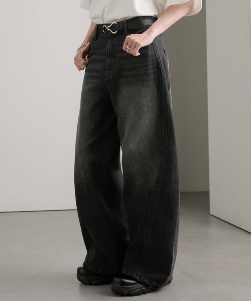 cussil(クシル)の「【cussil/クシル】【12oz】サイドシームバギーフレアデニムパンツ(デニムパンツ・メンズ・ブラック/ブルー・L/M/S)」の4枚目の写真