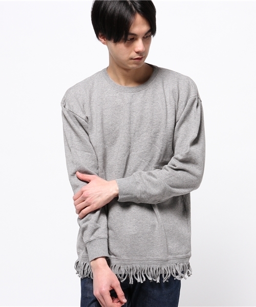 MIND BLOW(マインドブロウ)の「カットフリンジドロップショルダーロングTシャツ(Tシャツ/カットソー・メンズ・杢グレー/ホワイト・MEDIUM/LARGE)」の1枚目の写真
