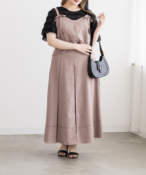 CLETTE(クレット)の「CLETTEオリジナル配色ステッチリボンビスチェ&ボックスタックスカートセット(ワンピース・レディース・チャコールグレー/ピンクベージュ/キャメル・3L/LL/4L)」の3枚目の写真