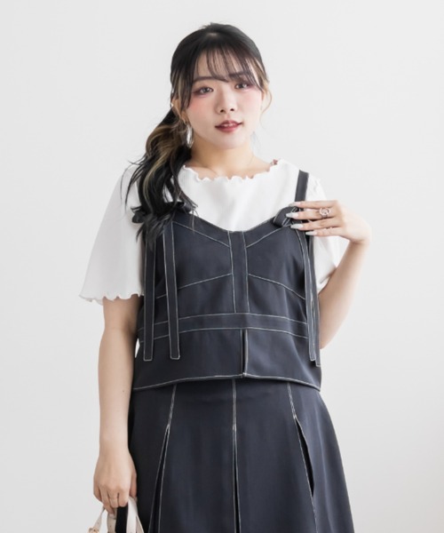CLETTE(クレット)の「CLETTEオリジナル配色ステッチリボンビスチェ&ボックスタックスカートセット(ワンピース・レディース・チャコールグレー/ピンクベージュ/キャメル・3L/LL/4L)」の6枚目の写真