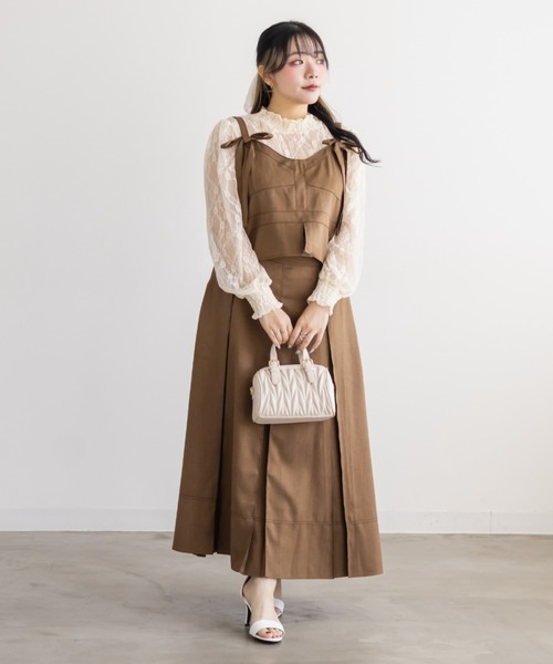 CLETTE(クレット)の「CLETTEオリジナル配色ステッチリボンビスチェ&ボックスタックスカートセット(ワンピース・レディース・チャコールグレー/ピンクベージュ/キャメル・3L/LL/4L)」の9枚目の写真