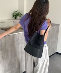 巾着付きシースルー切り替えバケツ型ショルダーバッグ