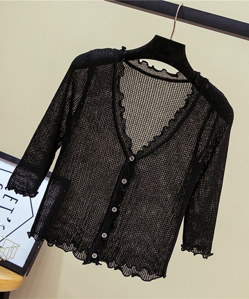 L LABEL(エルラベル)の「透かし編みメロウフリルカーディガン(カーディガン/ボレロ・レディース・ピンク/ホワイト/ブラック・FREE)」の9枚目の写真