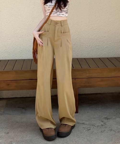 Miniministore(ミニミニストア)の「ワイドスラックスハイウエストタックパンツ(スラックス・レディース・ベージュ/ダークグレー/ブラウン/ブラック・M/L)」の4枚目の写真