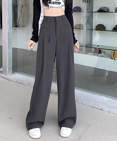Miniministore(ミニミニストア)の「ワイドスラックスハイウエストタックパンツ(スラックス・レディース・ベージュ/ダークグレー/ブラウン/ブラック・M/L)」の2枚目の写真