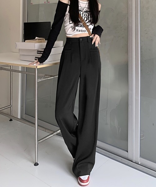 Miniministore(ミニミニストア)の「ワイドスラックスハイウエストタックパンツ(スラックス・レディース・ベージュ/ダークグレー/ブラウン/ブラック・M/L)」の9枚目の写真