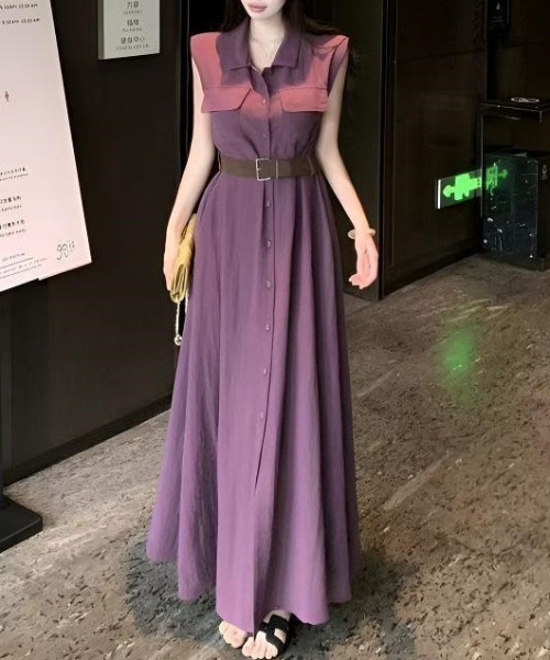 &soiree(アンドソワレ)の「ノースリーブウエストベルトシャツワンピース(ワンピース・レディース・パープル/ブラック/アイボリー・MEDIUM/X-LARGE/SMALL/LARGE)」の4枚目の写真