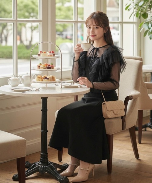 Cinderella(シンデレラ)の「パーティドレス オケージョンドレス 結婚式 ドレス トップス ワンピース お呼ばれ チュール シアー セットアップ 2way ロング丈 ミモレ丈 レディース セレモニードレス フェミニン マーメイド 長袖 レース フリル(ドレス・レディース・ブラック・LARGE/MEDIUM/X-LARGE)」の5枚目の写真