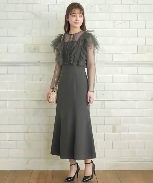 Cinderella(シンデレラ)の「パーティドレス オケージョンドレス 結婚式 ドレス トップス ワンピース お呼ばれ チュール シアー セットアップ 2way ロング丈 ミモレ丈 レディース セレモニードレス フェミニン マーメイド 長袖 レース フリル(ドレス・レディース・ブラック・LARGE/MEDIUM/X-LARGE)」の12枚目の写真