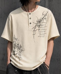 ピグメント加工 ワッフル グラフィック ヘンリーネック 半袖Tシャツ