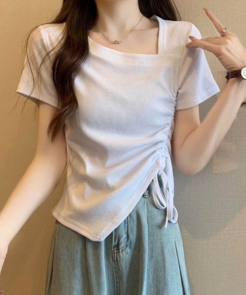 2ly2(トゥーリートゥー)の「アシンメトリーネック シャーリング 半袖リブTシャツ(Tシャツ/カットソー・レディース・ブラウン/ブラック/ホワイト・FREE)」の10枚目の写真