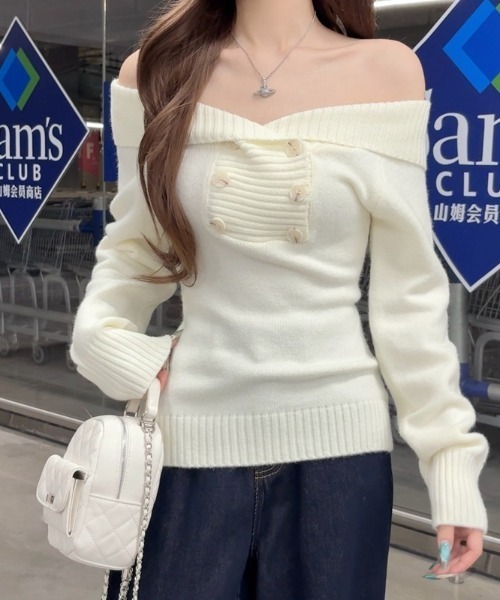 AMAJI(アマジ)の「オフショルダー ウール混 タイトニットトップス(ニット/セーター・レディース・ホワイト/グレー/カーキ・FREE)」の4枚目の写真