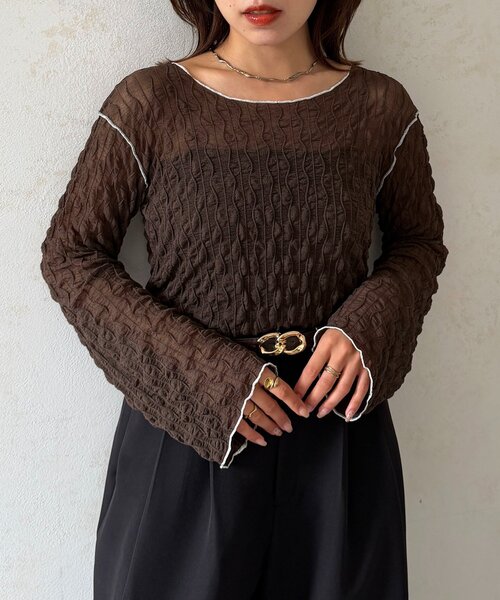 Thevon(ゼボン)の「メロー配色ウェーブシアーインナー(Tシャツ/カットソー・レディース・ブラウン/オフホワイト/ブラック・FREE)」の3枚目の写真