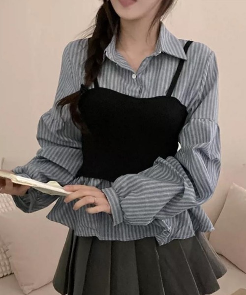 semplice（センプリチェ）の「シャツ【韓国ファッション】（シャツ/ブラウス・レディース・ホワイト/ブルー/ネイビー・F）」の3枚目の写真